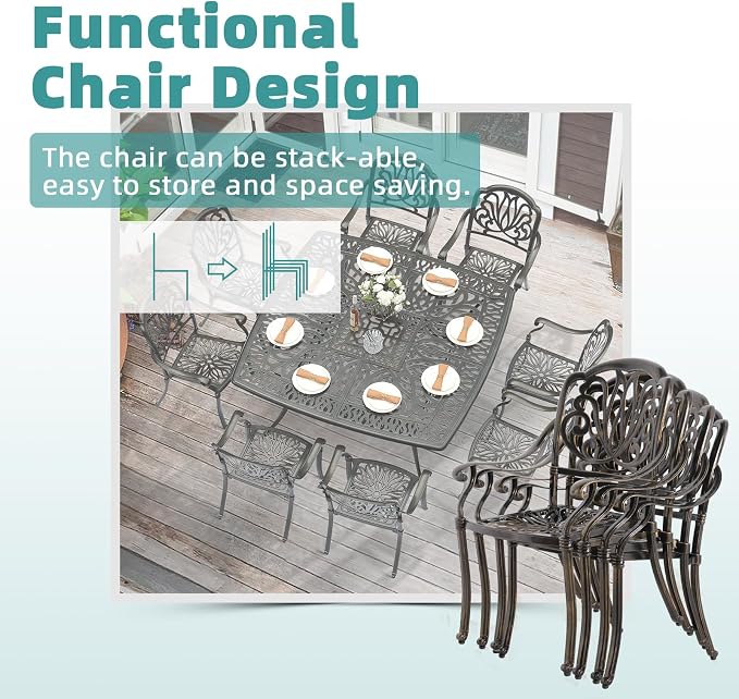 MEETWARM 9-Piece Outdoor Furniture Dining Set for 8, All Weather Cast Aluminum Patio Dining Set- Large 64" Square Table and 8 Chairs, Patio Table and Chairs Set for Garden, Umbrella Hole, Dark Bronze