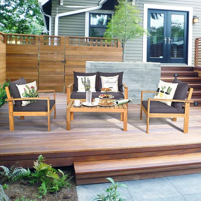 Tangkula Outdoor 4-Piece Acacia Wood Chat Set, 4 Seater Acacia Wood Conversation Sofa and Table Set with Waterproof Furniture Cover, Teak Finished (1, Grey)