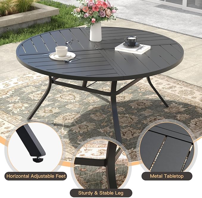 Round Patio Dining Set for 8, Outdoor Furniture Set of 53.1" Round Metal Table with Umbrella Hole and Stackable Wicker Patio Chairs for Backyard Lawn Garden, Walnut Chairs, Black Table