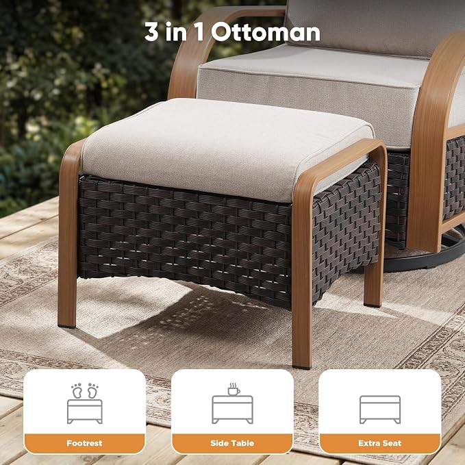 Belord 7 Piece Patio Furniture Set, All Weather Conversation Set with 6-Inch Thick Cushions,4 Wicker Swivel Rocker Chairs and 3 Seater Wicker Sofa for Deck Proch Pool Garden Backyard, Wood & Beige