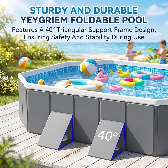 Foldable Swimming Pool, Rectangular Above Ground Swimming Pool for Outdoor Family Square Pool with Drain Plug and Drain Hole, Easy to Assemble Pool for Backyard Dog Pools (116" L x 65" W)