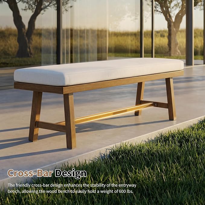 2-Person Outdoor Bench with Detachable Cushion, Rust-Free Aluminum Garden Bench, Indoor Outdoor Dining Bench with 550 lbs Weight Capacity for Backyard, Poolside, Porch, Teak