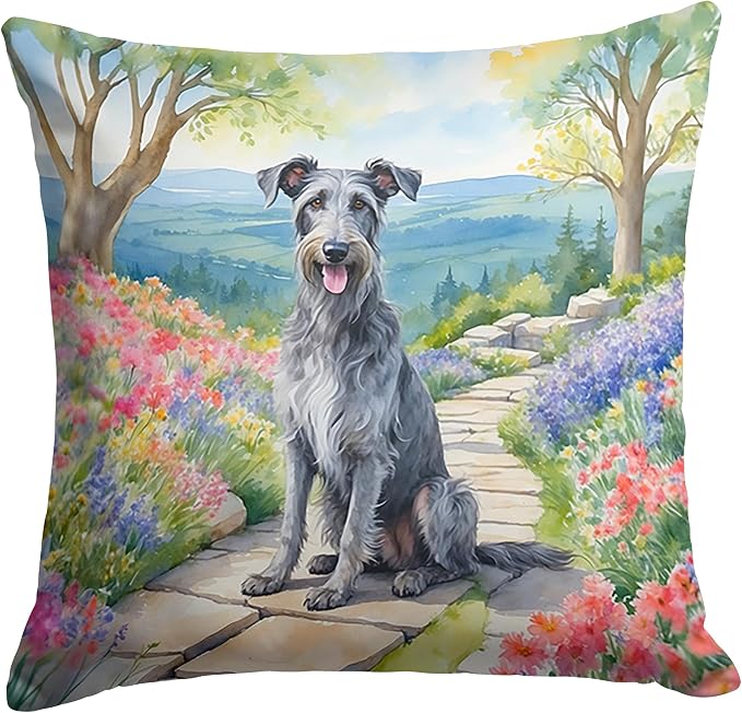 Caroline's Treasures Scottish Deerhound Spring Path Throw Pillow Machine Washable, Indoor Outdoor Decorative Pillow for Couch, Bed or Patio, 18Hx18W