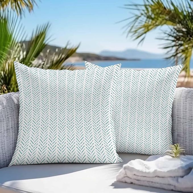 Vandarllin Outdoor Throw Pillows Covers 24x24 inch Set of 2 Waterproof Teal Stripes Decorative Zippered Cushion Covers for Patio Furniture, Modern Art Lines Lumbar Pillowcases
