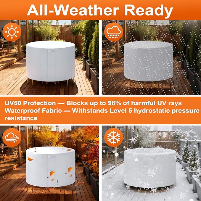 48"(D) x 20"(H) Round Outdoor Furniture Cover, Custom Heavy Duty 420D Waterproof Patio Furniture Cover with Drawstring & Buckles for Table Chair Garden, Silver