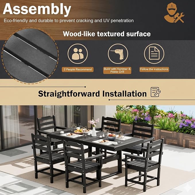 10 Piece Outdoor Dining Set All Weather HDPE Patio Table and Chairs Set for 8 with Umbrella Hole Outdoor Furniture for Deck, Backyard, Garden (Black)