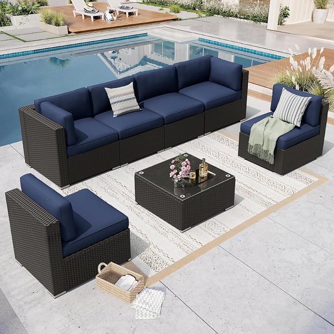8 Pieces Outdoor Patio Furniture Set with Waterproof Cover, Black Brown Wicker Patio Sectional Sofa Set, Outdoor Couch with Cushion and Tempered Glass Table, Dark Blue