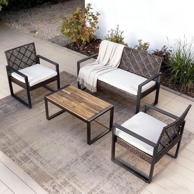 COOS BAY Haven Lounge 4 Piece Rattan Patio Furniture Set, Outdoor Wicker Patio Conversation Set for Balcony & Backyard, Dark Brown/Beige