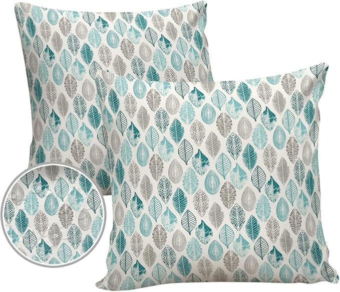 Outdoor Waterproof Throw Pillow Cover Farm Teal Grey Leaf Texture Decorative Pillows Cushion Covers Abstract Nature Boho Botanical 2 Pack Pillow Cases for Patio Garden Balcony Couch Sofa 16x16In