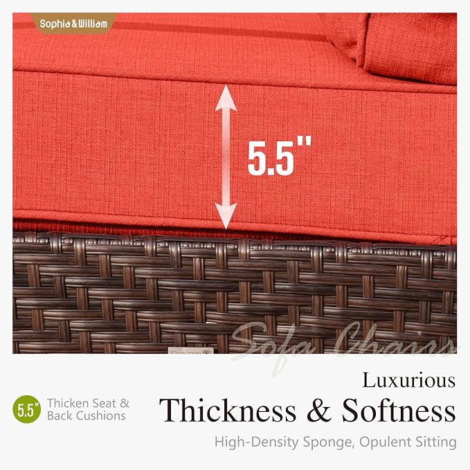 Sophia & William Extra Large Outdoor Patio Sofa Chairs Set 2 PCS Heavy-Duty Porch Furniture with High Back & Deep Seating Area, 5.5" Thicken Cushions for Deck, Lawn, Outside (Red)