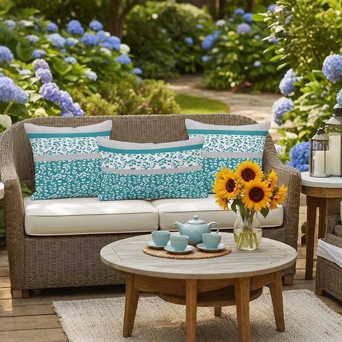 Teal Floral Outdoor Pillow Covers 20x12 Inch Lumbar Pillow Covers Set of 2 Waterproof Decorative Throw Pillow Cases Botanical Blossom Motif Boho Grey Stripes Cushion Covers for Patio Furniture Garden