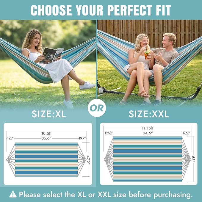 Brazilian Hammock with Tree Straps - Canvas Hammocks Portable Hammock with Carry Bag for Backyard, Porch, Outdoor and Indoor Use Blue & Green