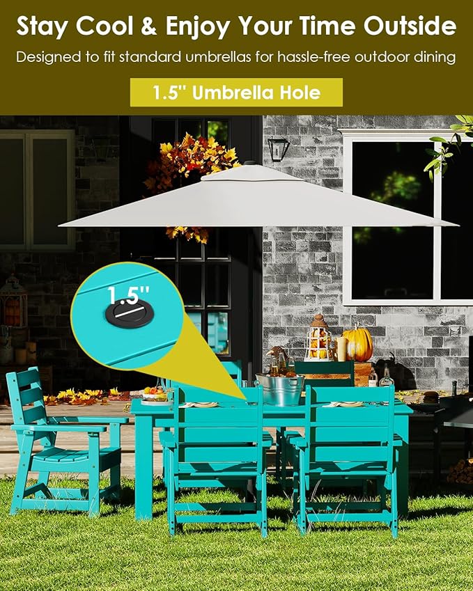GREENVINES Outdoor Dining Table | 67’’ | HDPE | Rectangle Tables for 6 | All-Weather | Umbrella Hole | Patio Furniture | for Poolside Backyard Garden | Aqua