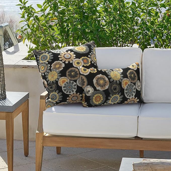 Outdoor Lumbar Pillow Covers 12”x20”, Rectangle Throw Pillow Covers for Patio Furniture, Decorative Lumbar Cushion Case for Garden Balcony Couch Office Chair, Pack of 2,Black Yellow Crosby