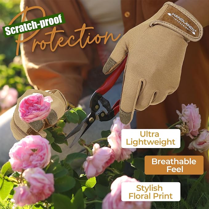 HANDLANDY Gardening Gloves for Women, Leather Garden Glove, Gardener Gift | Breathable Floral Ladies Leather Garden Yard Gloves, for Trimming, Weeding, Digging, Planting, Pruning