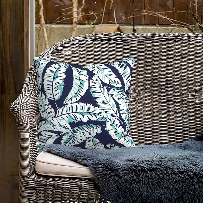 Outdoor Pillows for Patio Furniture 18x18 inch, Square Outdoor Throw Pillows with Inserts, Decorative Toss Pillows for Garden Couch Home Sofa Office Chair, Pack of 2, Baltic Palms White