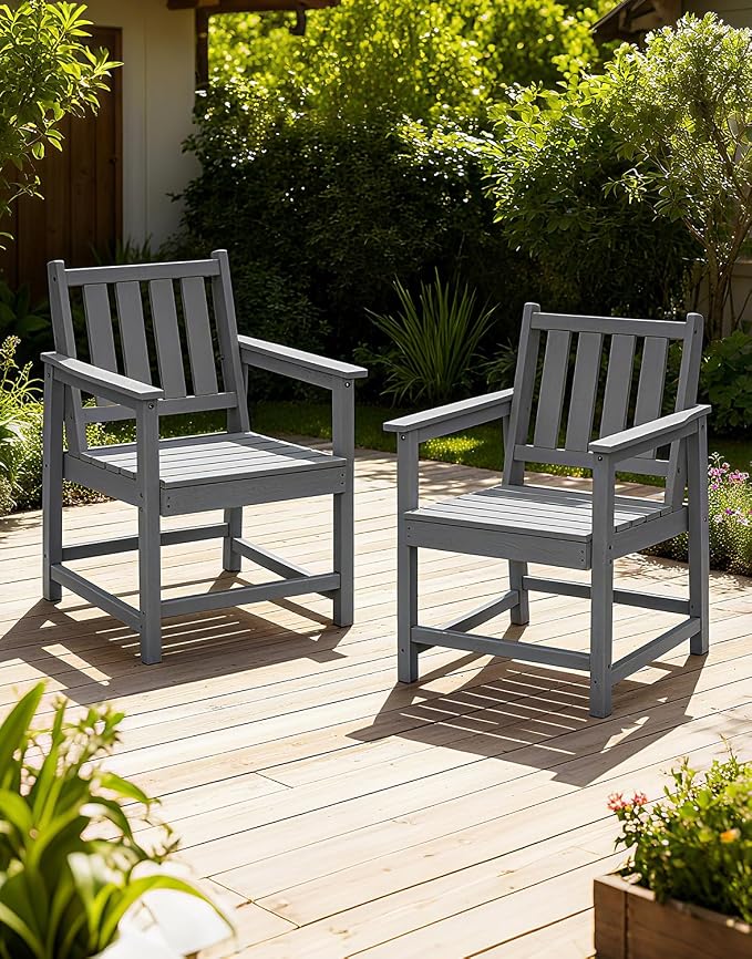Outdoor Patio Dining Chair Set of 2, All-Weather HDPE Patio Chairs with Backrest and Armrest, 300 lbs Support Outdoor Furniture Chairs for Backyard, Garden, Deck, Grey