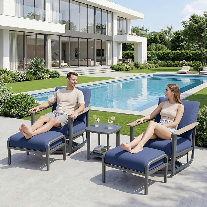 Aluminum Swivel Rocking Chairs with Ottomans, 5-Piece Outdoor Patio Furniture Set, Metal Gliders with Side Table, Wood-Like Armrests & 5.1" Thick Cushions for Porch, Navy Blue