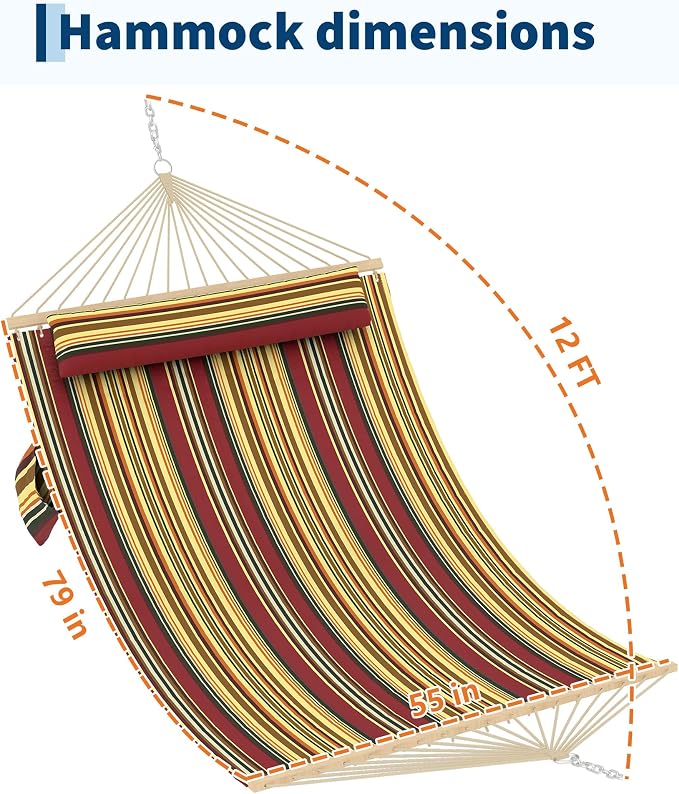 TrailBlaze Comfortable 2 Person Quilted Hammock with Hardwood Spreader Bars & Pillow – 450lbs Capacity – Ideal for Patio, Backyard, or Poolside – Double Outdoor Hammock – Red and Yellow Stripes