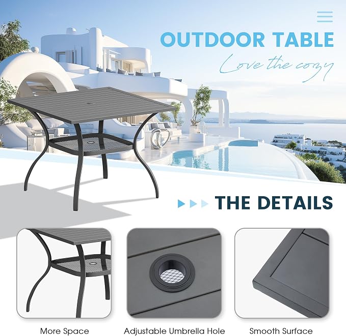 5 Pieces Patio Furniture Dining Set, 4 Textilene Swivel Dining Chairs, 38" Outdoor Square Metal Table with 1.57" Umbrella Hole, Outdoor Dining Set for Porch, Lawn, Dark Grey/Grey