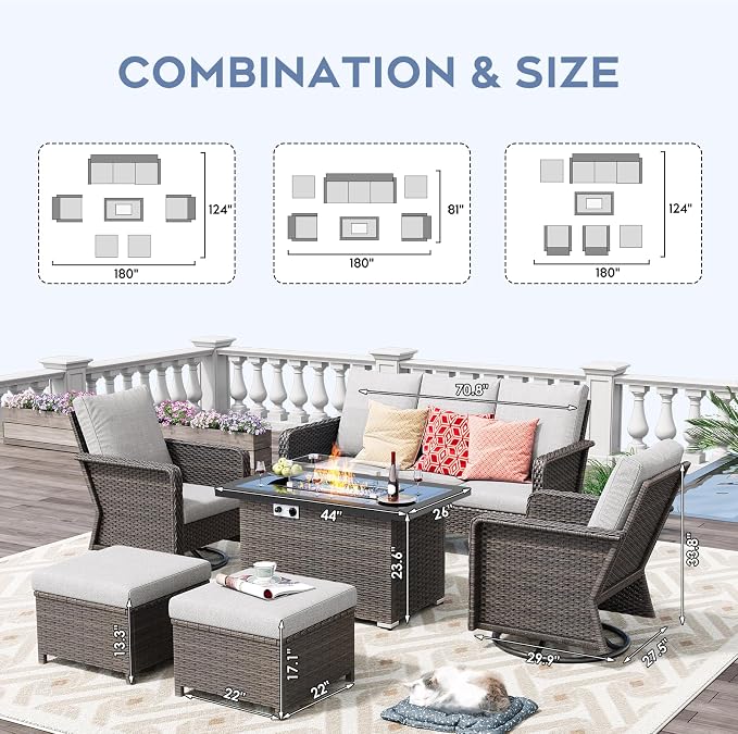 7 Seats Outdoor Patio Furniture Set with 44" Gas Fire Pit Table, Wicker Swivel Rocking Chairs Conversation Sets with Cushion, High Back Sectional Sofa with Gilder Chair for Yard Garden Porch, Beige