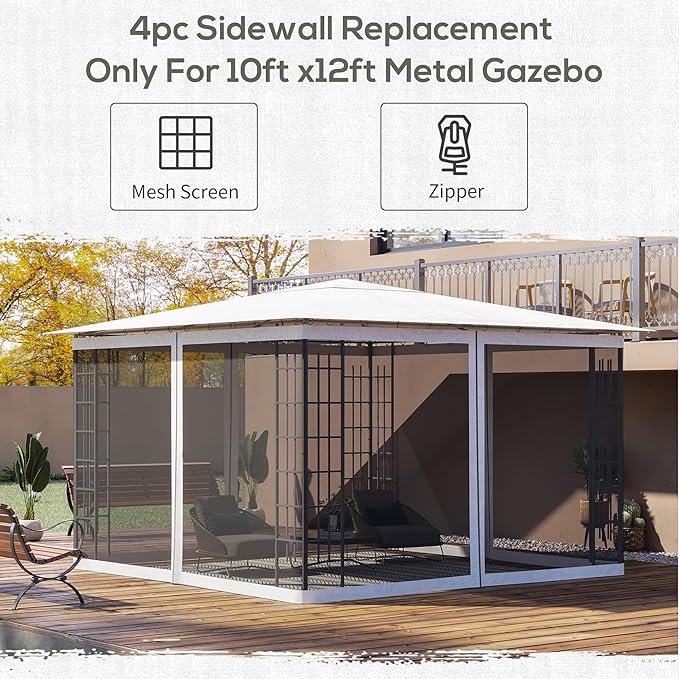 Outsunny 10' x 12' Universal Replacement Mesh Sidewall Netting for Patio Gazebos and Canopy Tents with Zippers, Sidewall Only, White
