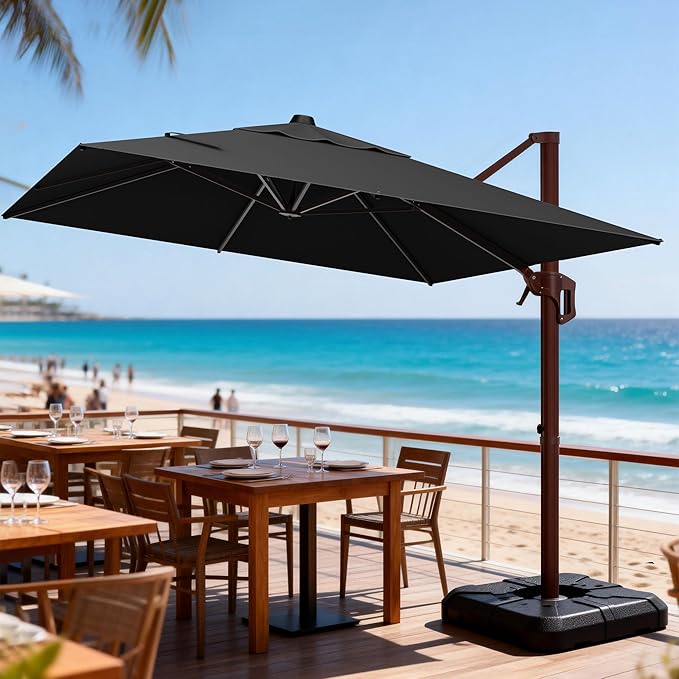 9' X 12' Cantilever Patio Umbrella Rectangle Outdoor Umbrella with Base Included, 6-Level Tilt & 360° Rotation Offset Umbrella for Garden, Deck, Pool (Black)