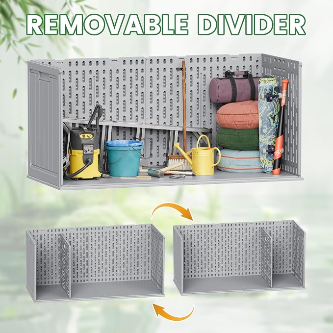 Devoko 260 Gallon Double-Wall Deck Box with Divider, Side Handles, Resin Outdoor Large Storage Box Waterproof and Lockable for Patio Furniture, Garden, Pool (Grey, 260 Gallon)