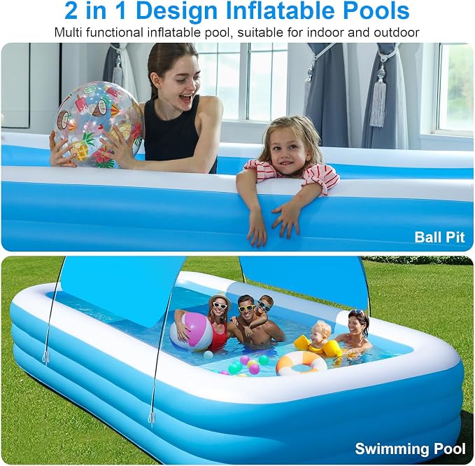 Extra Large Inflatable Pool with Canopy Pump, 145" x 74" x 22" Large Blow Up Pool for Adults Family, Full Size Inflatable Swimming Pool with Big Shade for Backyard Outdoor