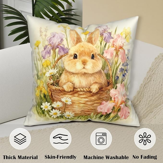 Easter Pillow Covers Lovely Flowers Bunny Throw Pillow Covers 20x20 Watercolor Rabbit with Iris Daisy Floral Pillow Cases Easter Decorations for Home Outdoor Spring Decor 2 Pack