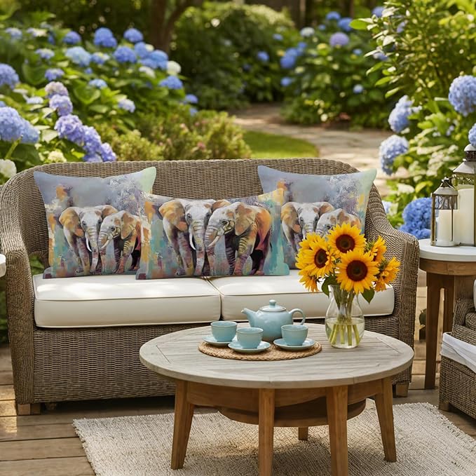 Elephants Outdoor Pillow Covers 18"x18" Set of 2, Animal Abstract Splatters Bohemian Waterproof Throw Pillow Covers for Patio Furniture, Decorative Cushion Covers for Porch