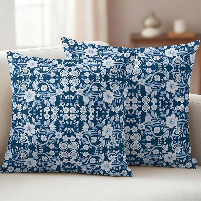 Navy Blue Floral Outdoor Pillow Covers 16x16 Inch Throw Pillow Covers Set of 2 Waterproof Decorative Pillow Cases Vintage Pastoral Botanical Leaves Cushion Covers for Patio Furniture Garden Couch Sofa