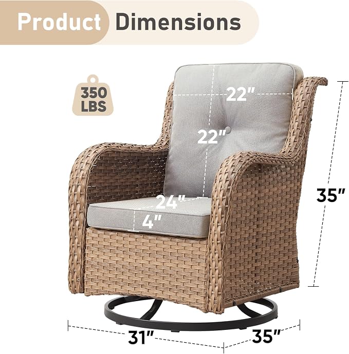Outdoor Swivel Rocker Patio Chairs-Wicker Patio Swivel Chairs Set of 2 PE Rattan Patio Furniture for Porch Deck Balcony Garden-Yellow/Beige