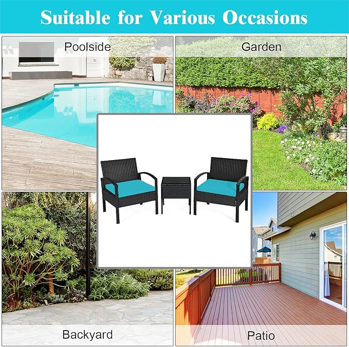 Tangkula 3 Piece Patio Conversation Set, Outdoor Rattan Sofa Set with Seat Cushions & Coffee Table, Patio Wicker Furniture Set for Garden Balcony Backyard Poolside (Turquoise)