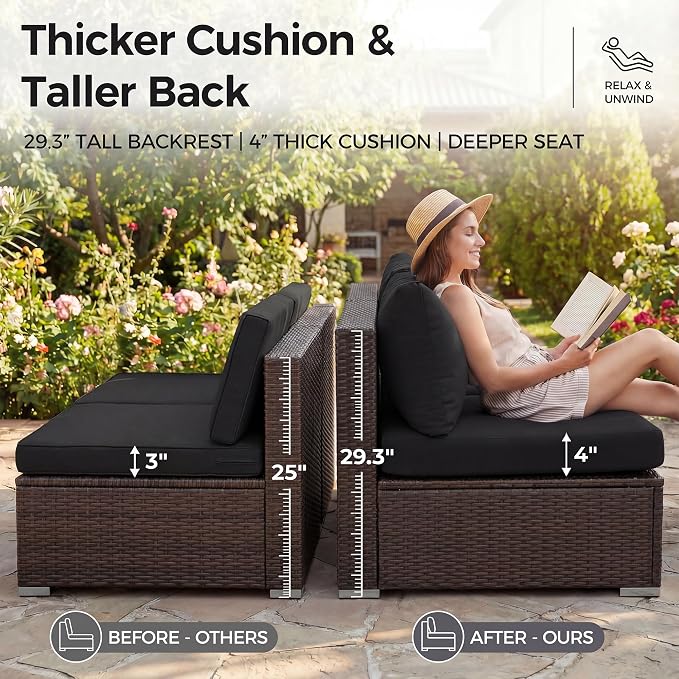 NICESOUL 8 Seater Modern Outdoor Seating Group, Plus Size Big Wicker Patio Modular Sectional with Ottoman, 29.3'' High Back Comfy Conversation Sets for Outside, Brown Rattan and Black Cushion