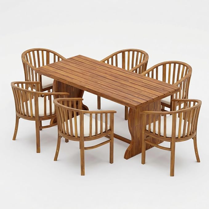Christopher Knight Home Outdoor Acacia Wood Dining Set 6 Chairs 1 Table Cream Cushions Teak Finish Patio Backyard Garden Furniture 70 Inch Table Outdoor Dining Set