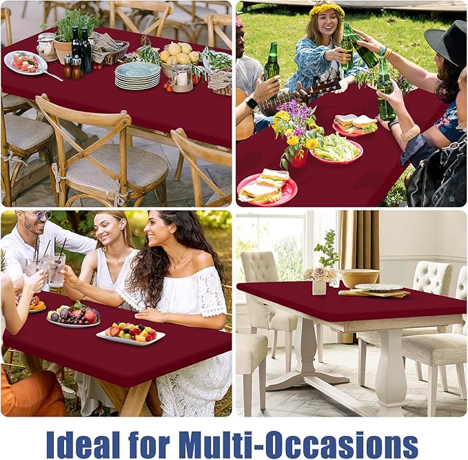 Moosfor Spandex 8 Foot Rectangle Table Cloth 2 Pack, Elastic Fitted Tablecloths for Picnic, Stretch Washable Patio Table Cover for Outdoor, Camping, Banquet and Parties (Wine Red, 30"x96")