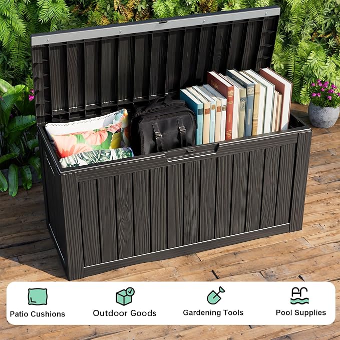 EasyUp 85Gal Outdoor Deck Box Waterproof, Lager Patio Storage Box Indoor and Outdoor Use, Lockable Resin Storage Bin for Patio Furniture Cushions Garden Tools, Package Delivery,UV Resistant-Black