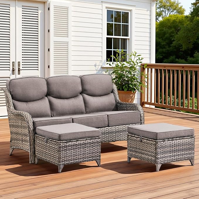 3PCS Patio Furniture Sofa Set with 6" Thick Cushions, High Back Wicker Sectional Outdoor Sofa with Ottomans, Outdoor Seating Furniture High Back Conversation Set for Balcony Deck Porch Backyard, Grey