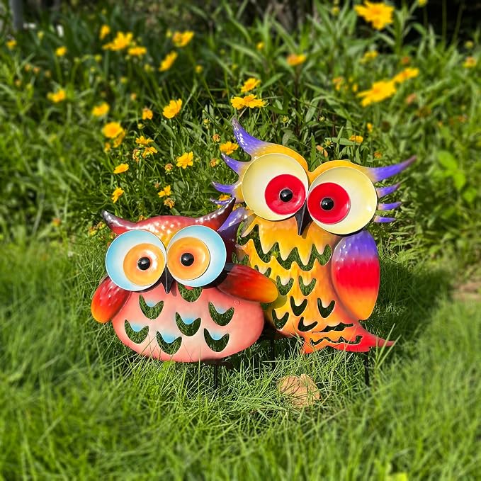 Pack of 2 Metal Fresh Color Owl Garden Statues Silhouette Owl Stakes Decorative Outdoor Statues Animal Sculptures for Yard Décor and Lawn Ornaments, MX202303-1 | Weatherproof metal. Fresh colored 2-pack silhouette stakes. Perfect for garden, yard, pati...