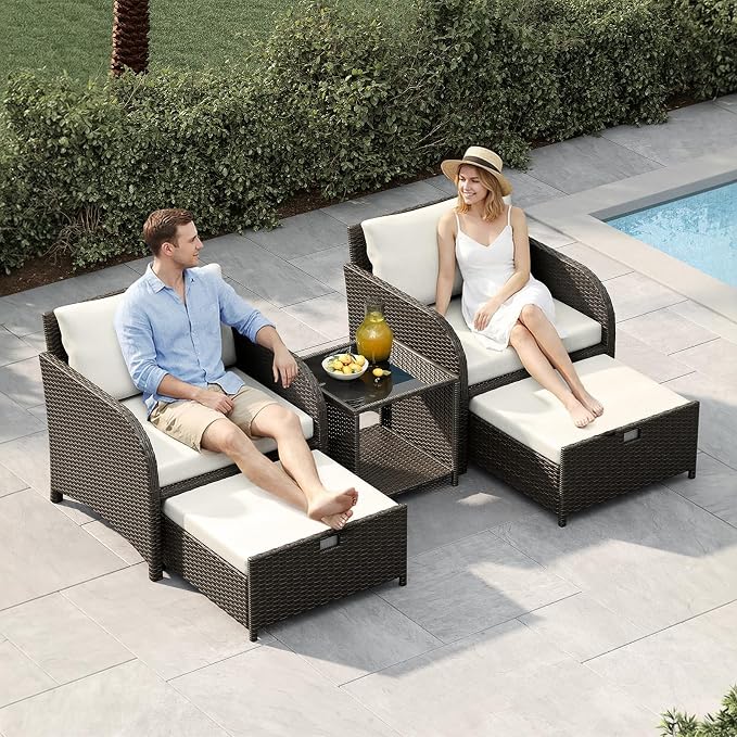 Garvee 5-Piece Outdoor Patio Conversation Set, PE Rattan Wicker Patio Furniture with Hidden Ottomans, Soft Cushions & Glass Coffee Table, Outdoor Lounge Chairs for Porch, Backyard, Balcony