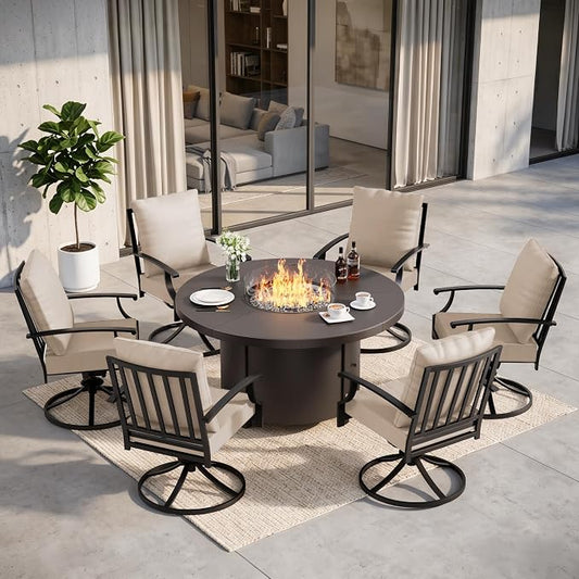 7 Pieces Outdoor Patio Furniture Set with 48" 55000 BTU Round Propane Fire Pit Table,Patio Dining Set Outdoor Conversation Sets 6 Swivel Chairs for Deck,Backyard and Garden,Brown