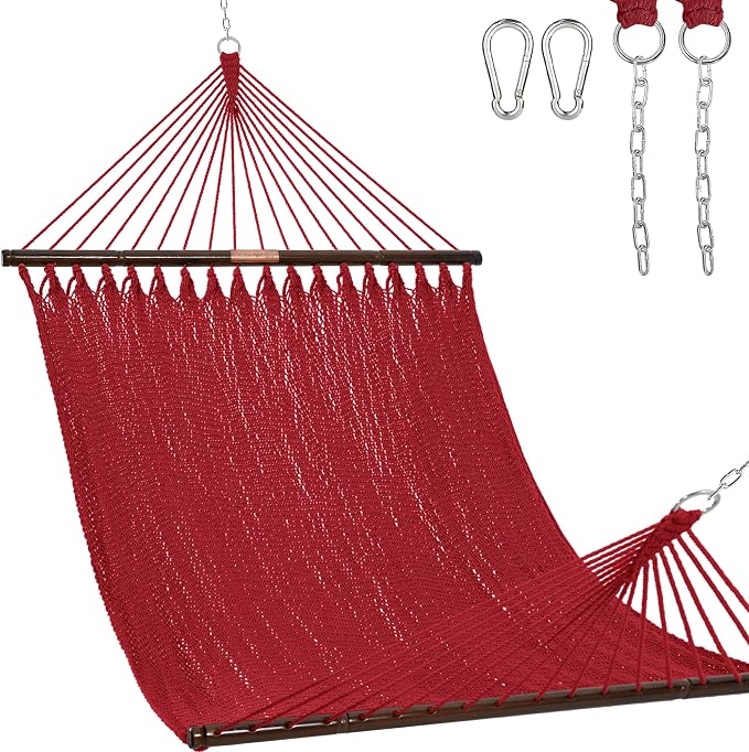 Lazy Daze Hammocks 10.5 FT Double 2 Person Caribbean Rope Hammock, Hand Woven Polyester Hammock with Spreader Bars, for Outside Outdoor Backyard Patio Poolside, 450 LBS Capacity, Red