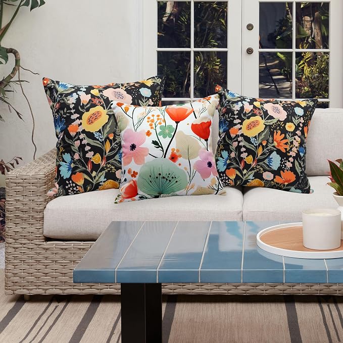 Floral Outdoor Throw Pillow Covers 20x20 Waterproof Colorful Summer Spring Garden Decorative Square Patio Pillows Outdoor Pillows Covers for Patio Furniture Set of 2 (No Pillow Insert)