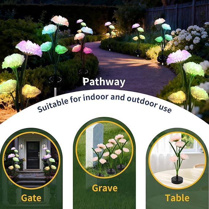 Solar Flowers Lights - Solar Garden Lights Outdoor Waterproof Carnations, 40 Hours Color Changing Solar Powered Outside Decor for Yard Patio Pathway Lawn, Gifts for Mom, 2pcs