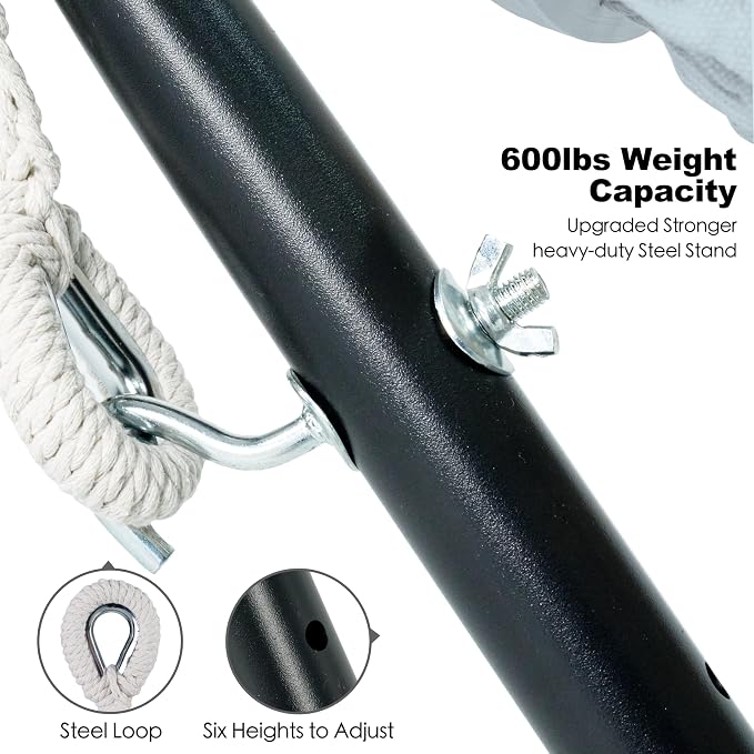 Gafete Double Hammock with Stand for Outside, Upgraded Spreader Bar, Heavy Duty Space Saving Steel Stand 2 Person, Side Pockets, Easy Assembly, 600lbs Weight Capacity, Indoor & Outdoor (Light Grey)