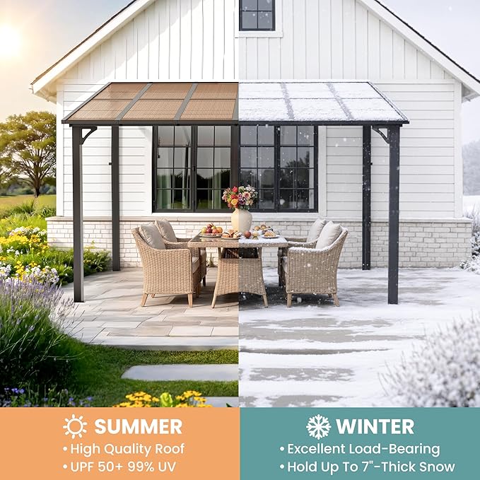 Pamapic 10x20FT Wall Mounted Gazebo, Hardtop Lean to Gazebo with Aluminum Frame & UV Resistant Polycarbonate Roof, Outdoor Patio Awning for Deck, Porch, Lawn & Backyard