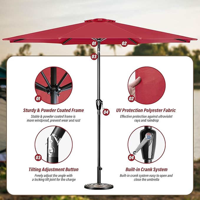 Simple Deluxe 9FT Outdoor Patio Umbrella Table Market Umbrella with Push Button Tilt and Crank, 8 Sturdy Ribs, UV Protection Waterproof for Garden, Lawn, Deck, Backyard, Pool, Red