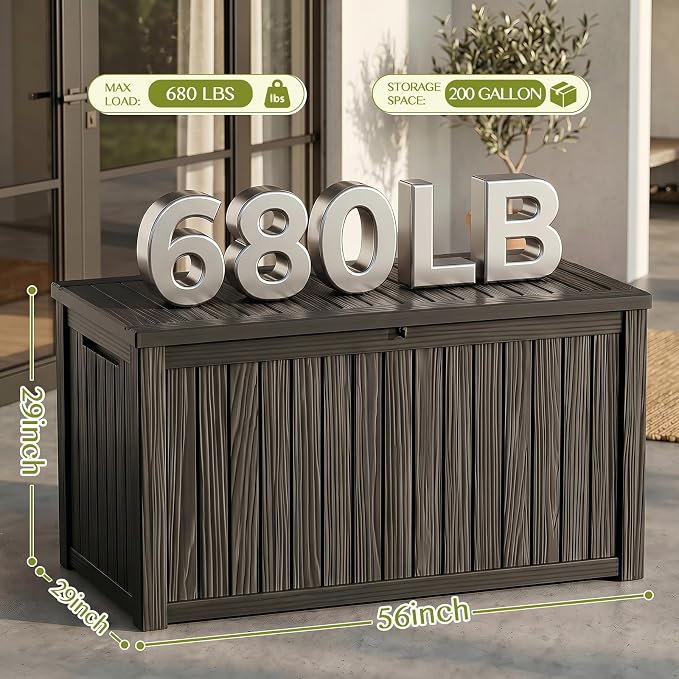 Waterproof Outdoor Storage Box Outside Deck Box Lockable Resin Bench UV Resistant Furniture Cushion Pool Tool Float Bin Patio Garden Porch (Black, 200 Gallon)