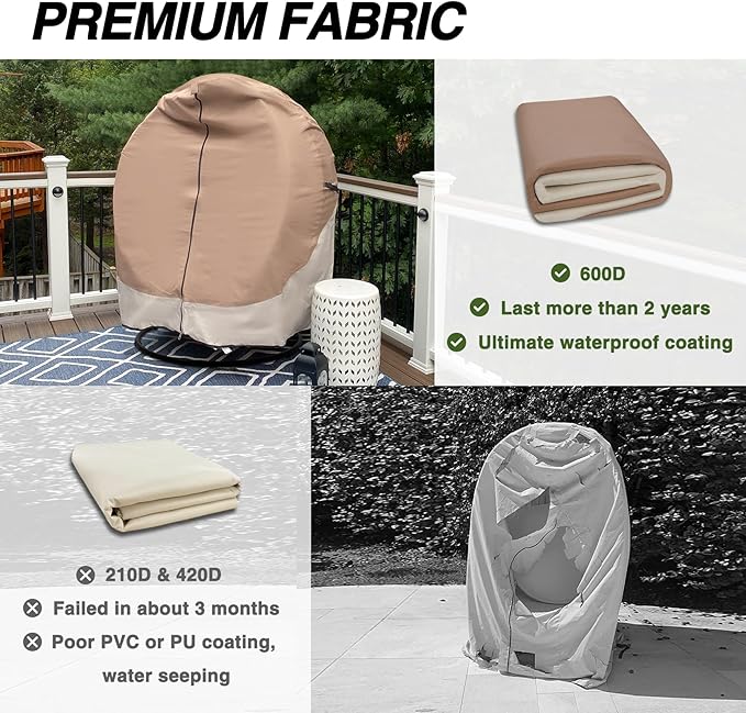 Porch Shield Patio Hanging Egg Chair Cover - 600D Waterproof Outdoor Double Seat Wicker Swing Egg Chair with Stand Protector, Light Tan & Khaki